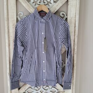 Pennington Bailes Women's Long Sleeve Button Down Cotton Blouse Navy Blue Plaid